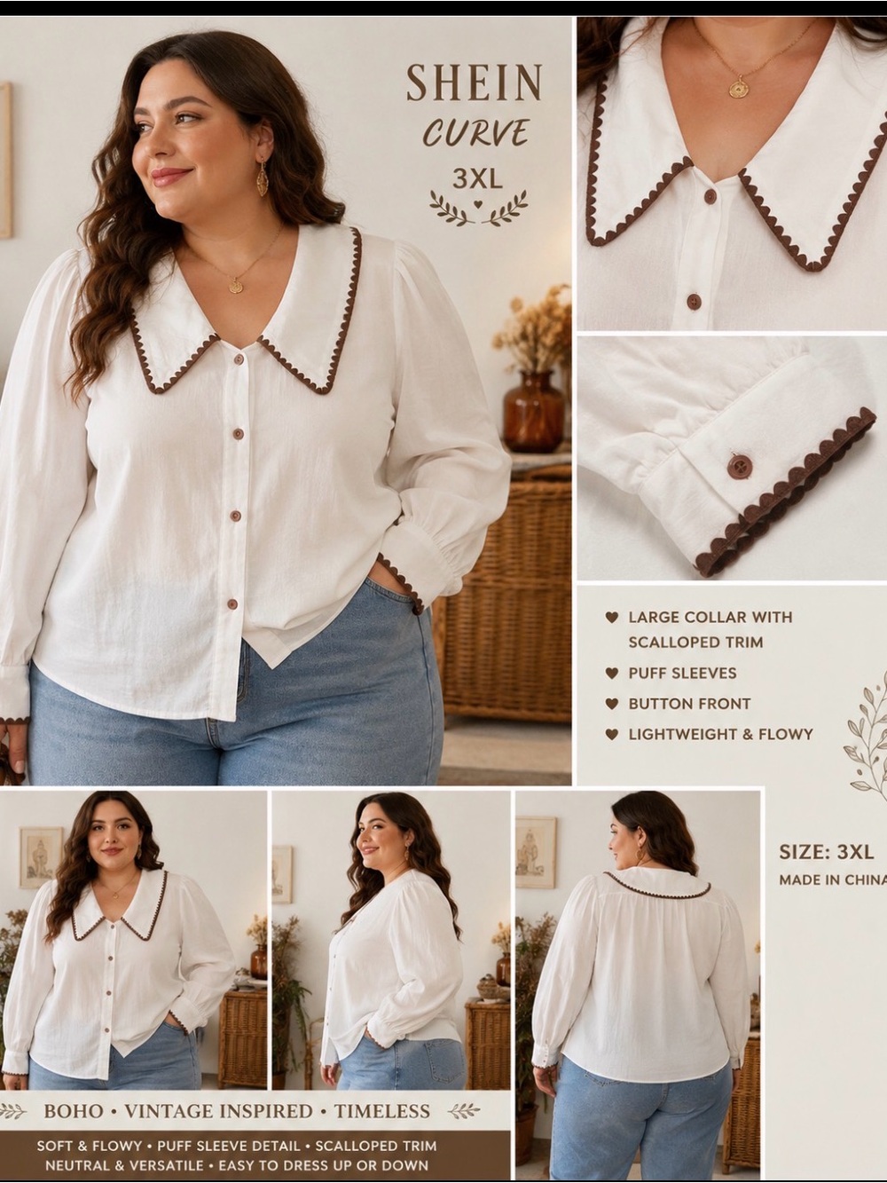 SHEIN Curve White Blouse with Brown Scalloped Trim